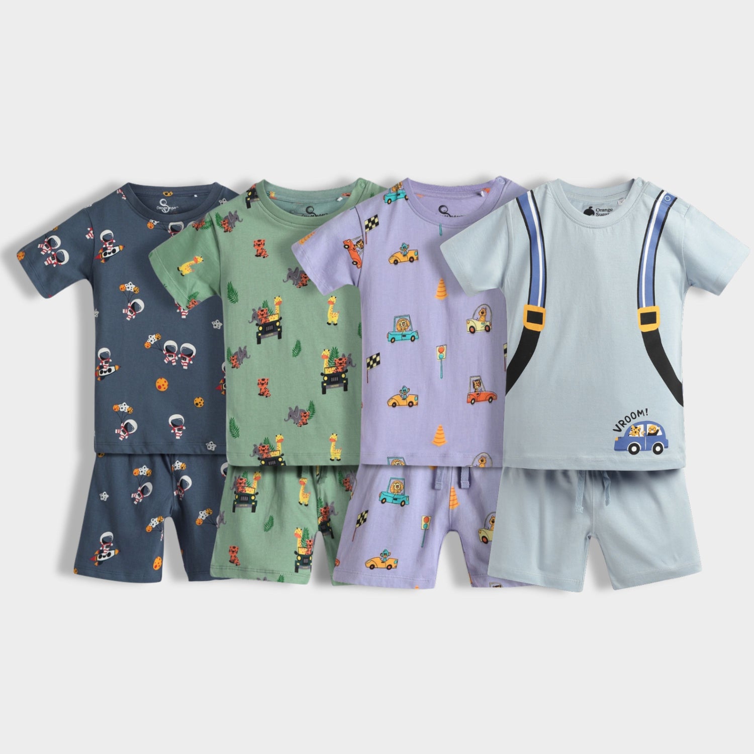 4 Pack T-Shirt & Shorts Unisex Co-ord Set | Space, Jungle, Cars, Back Pack