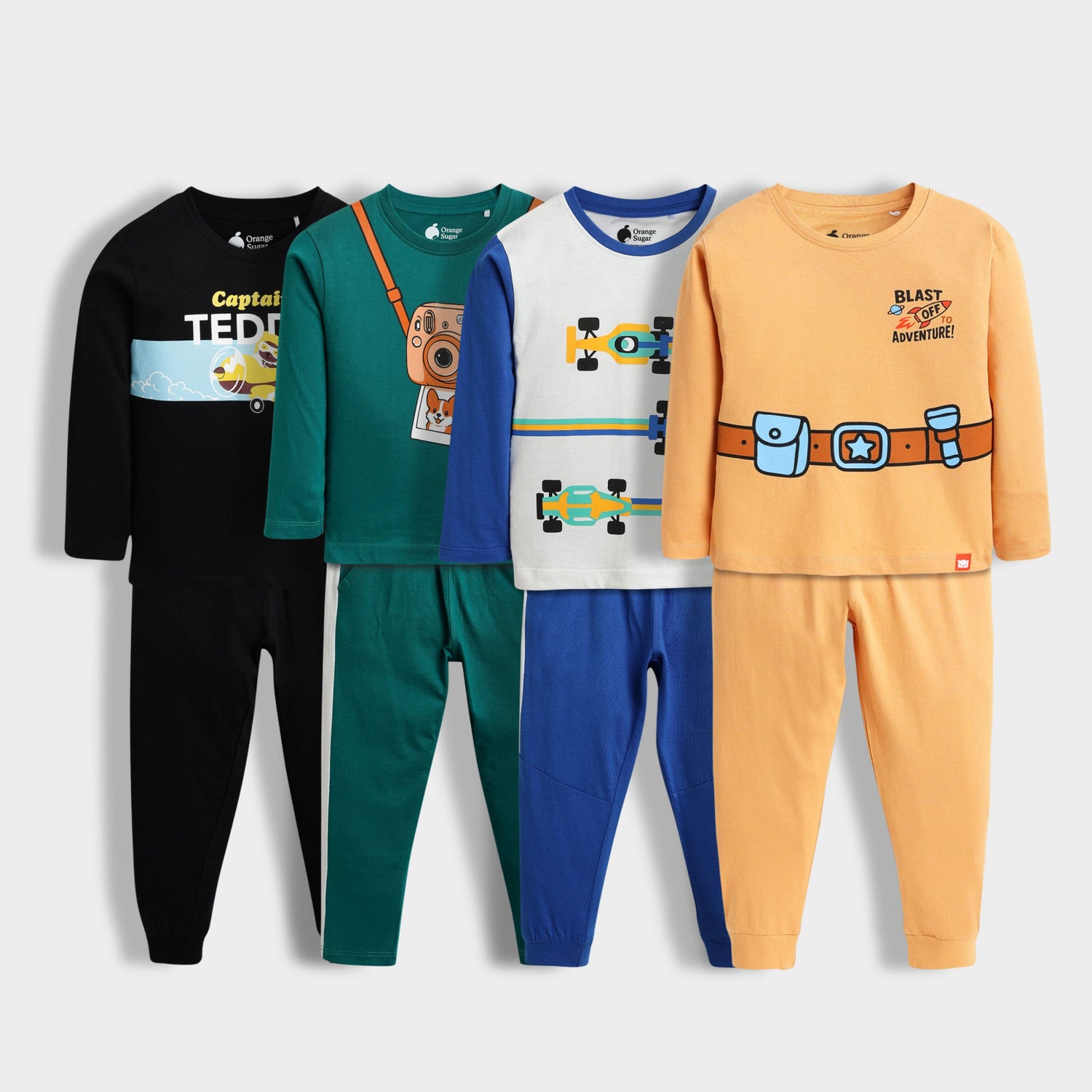 4 Pack Full Sleeves Unisex Co-ord Set | Teddy, Camera, Racing, Space ship