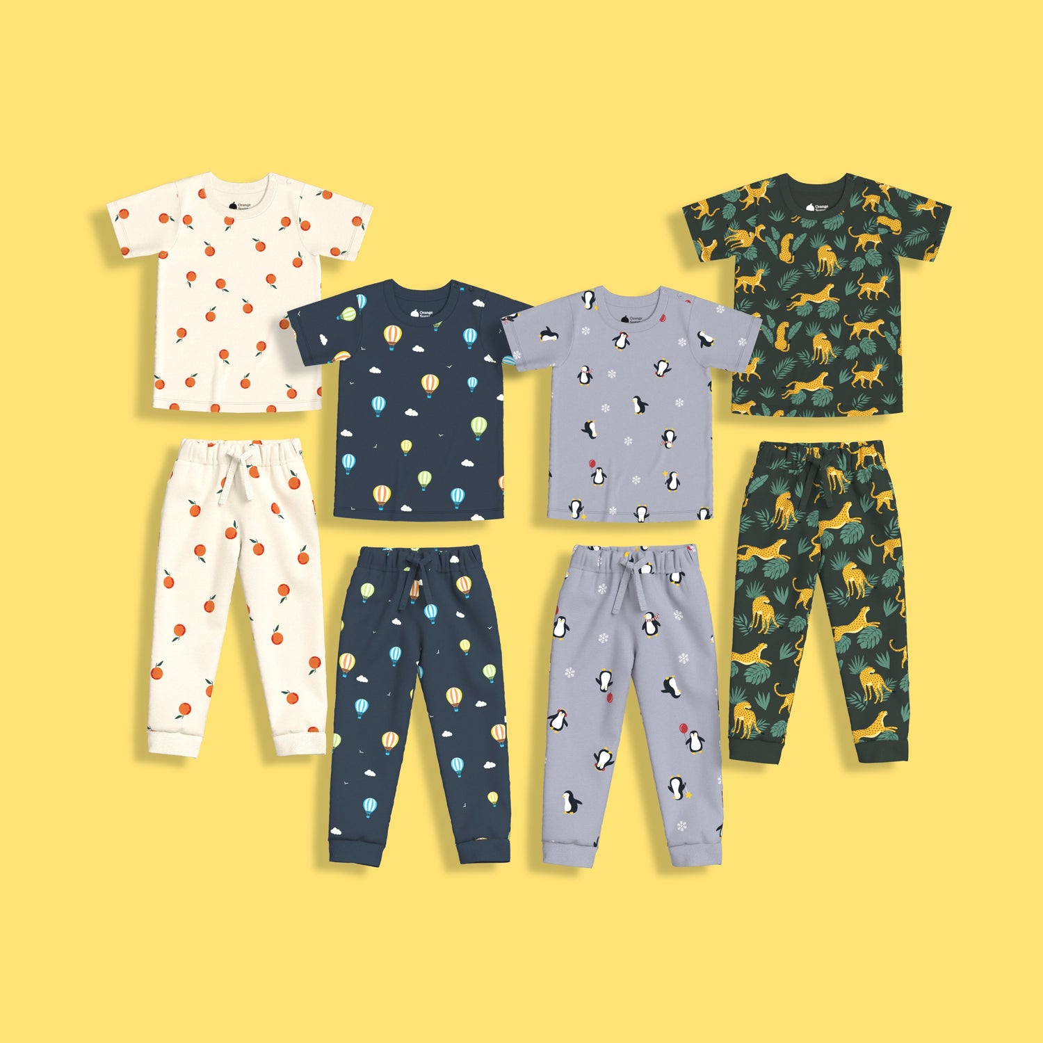 4 Pack Half Sleeves Unisex Co-ord Set | Cheetah, Hot Air, Oranges & Penguin