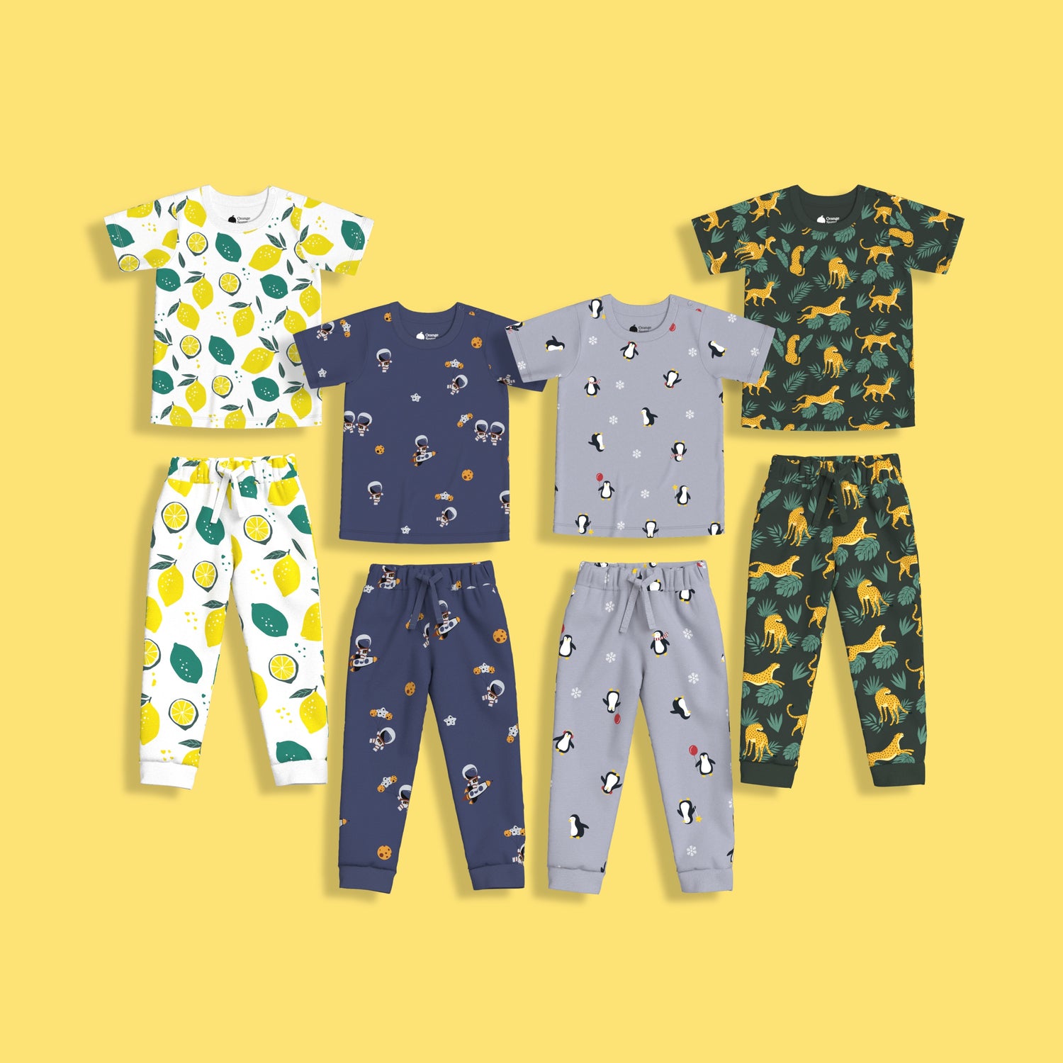 4 Pack Half Sleeves Unisex Co-ord Set | Space, Lemon, Penguin & Cheetah