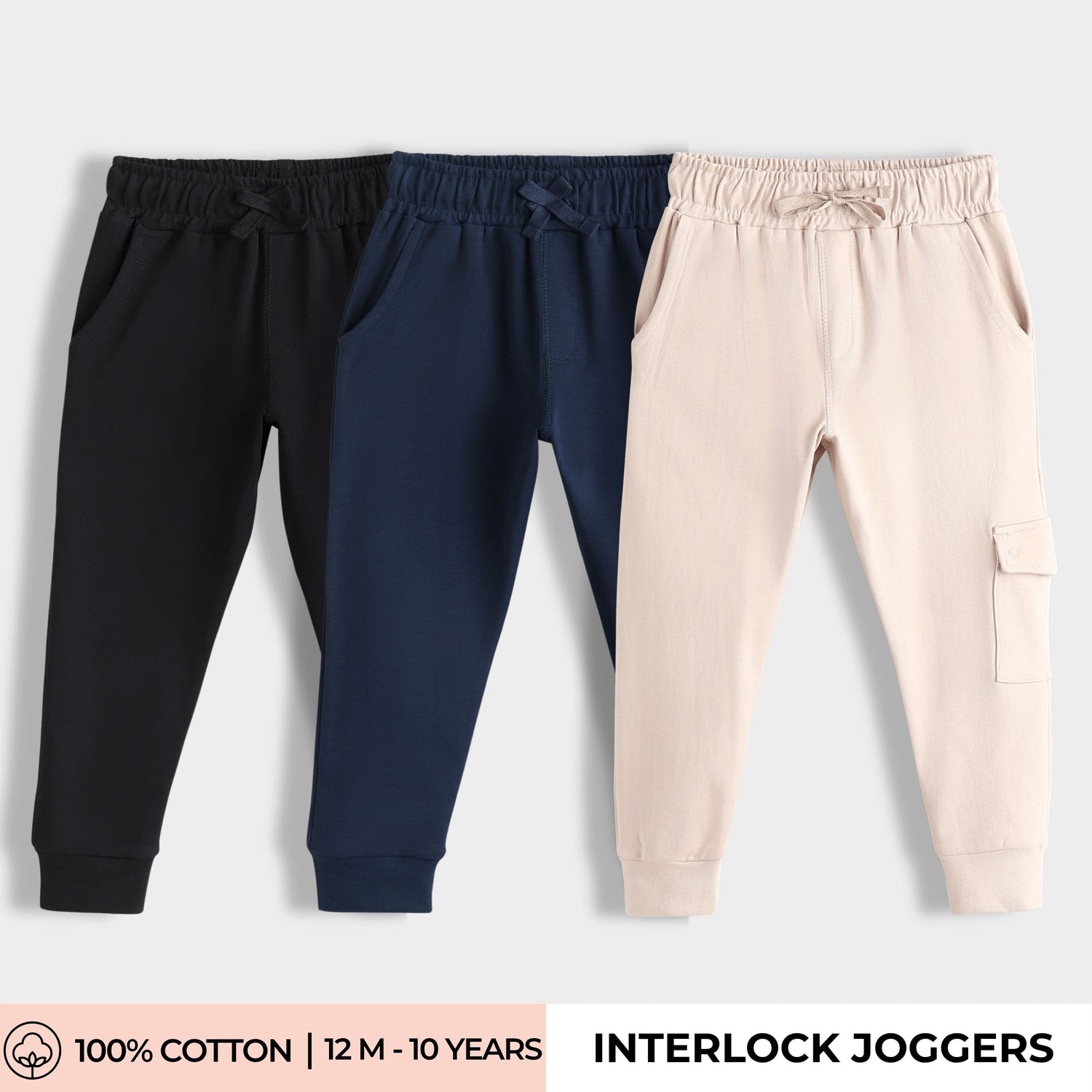 3 Pcs Interlock Joggers | Black, ⁠Blue, Beige