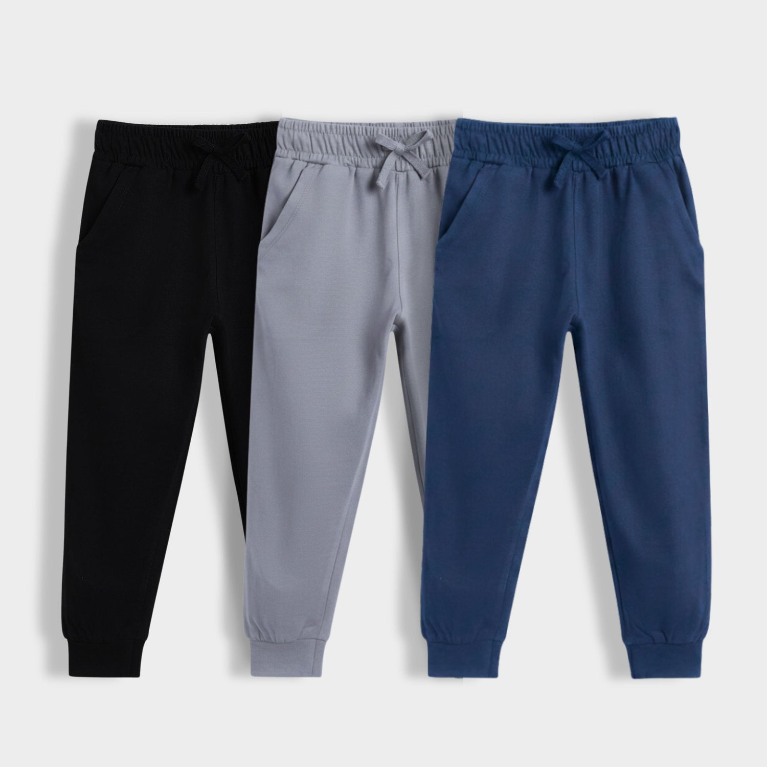 3 Pcs Cotton Joggers | Black, Grey, Blue