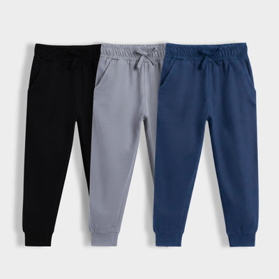 3 Pcs Cotton Joggers | Black, Grey, Blue
