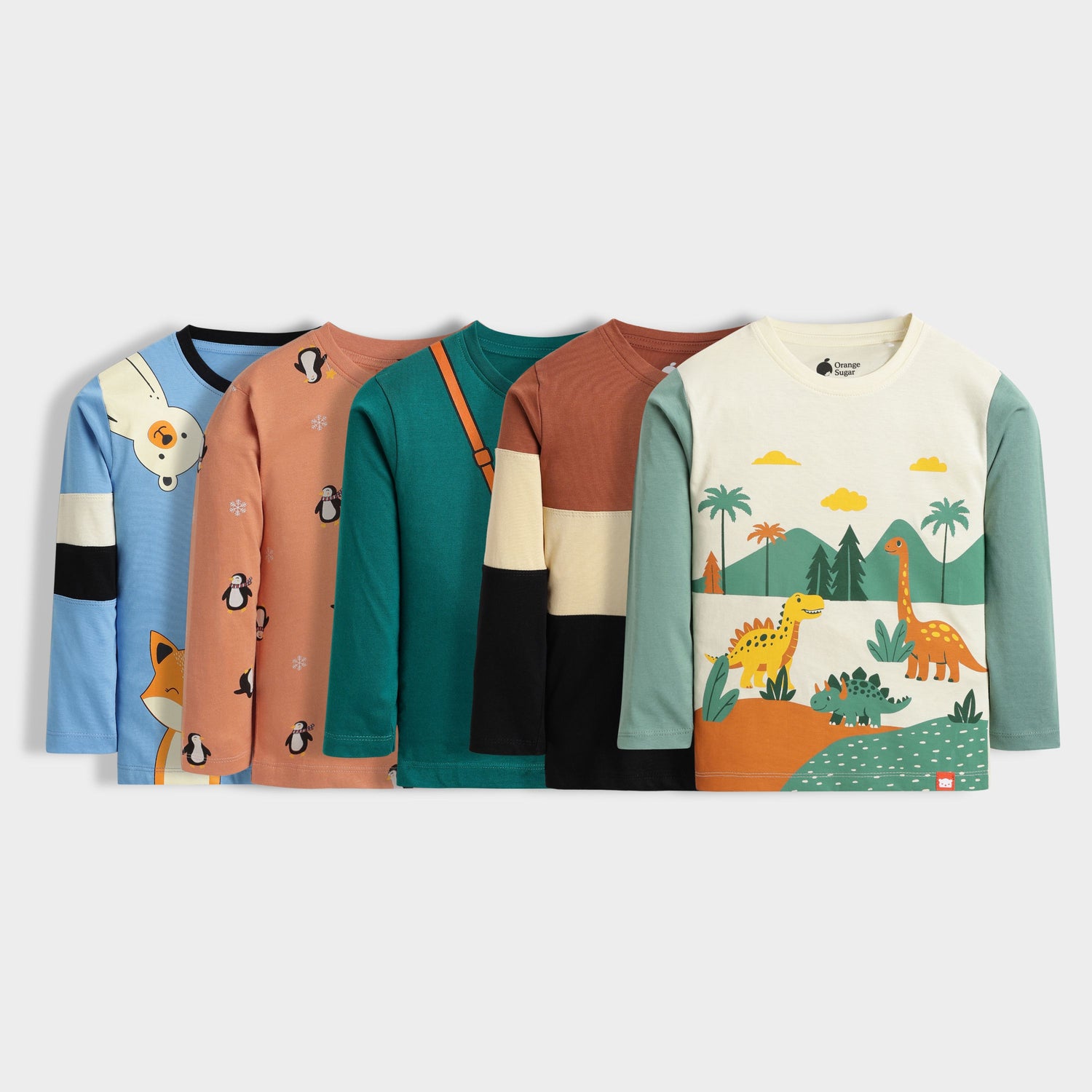 5 Pack Full Sleeves Unisex T-Shirts |  Peek A Boo,Penguin,Camera,Colour Block,Dino