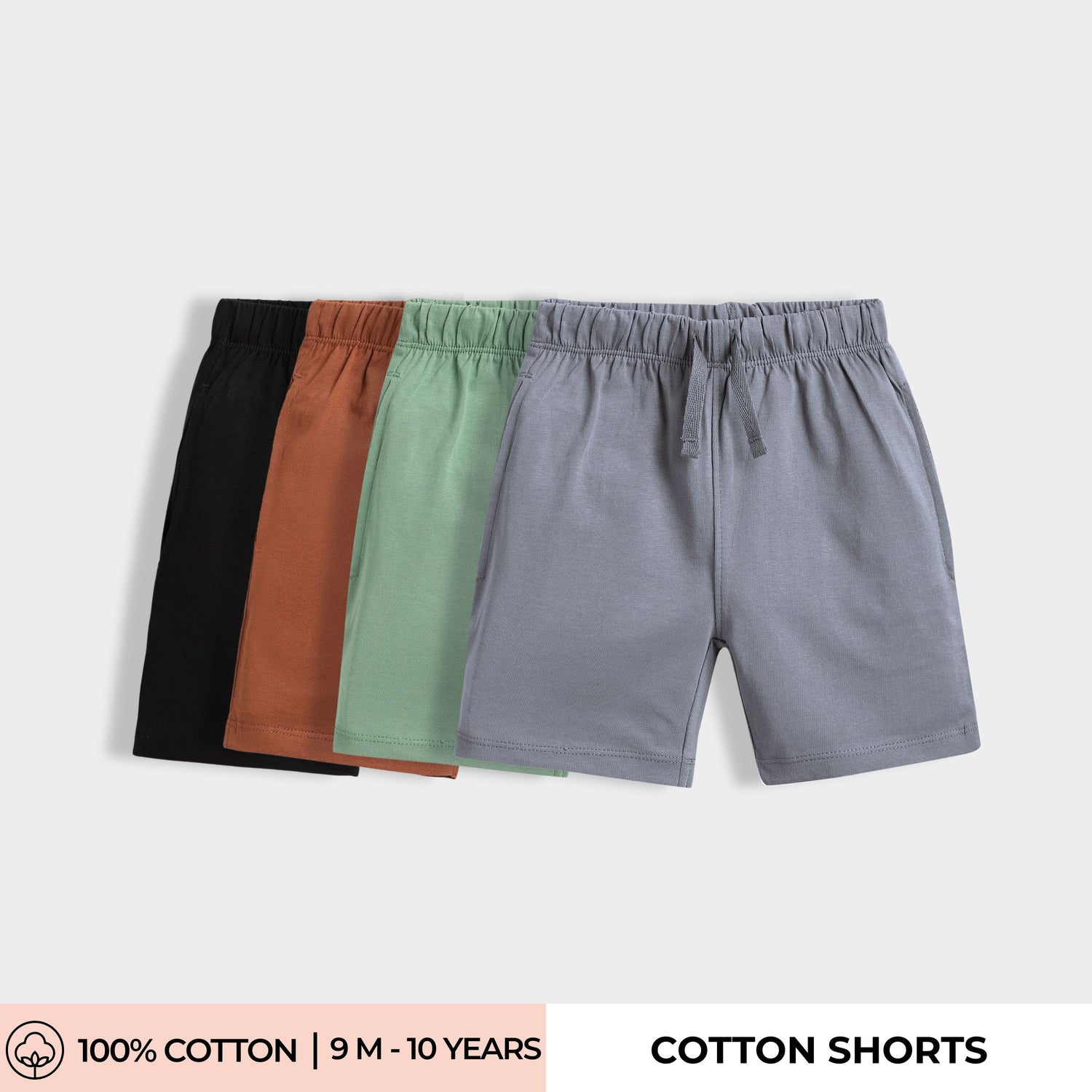 4 Pcs Cotton Shorts | Black, Grey, Brown, Green