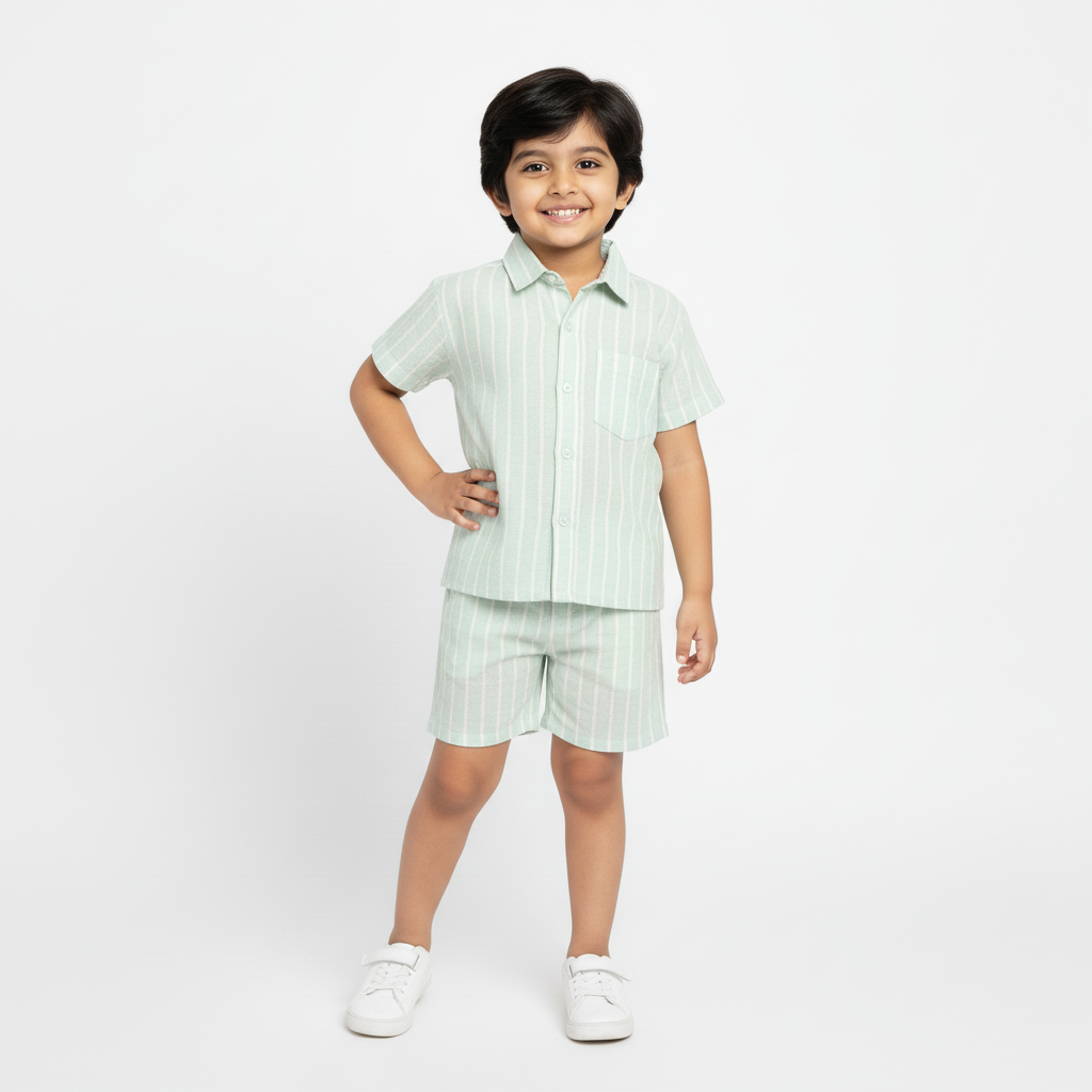 Half Sleeves Unisex Cotton Linen Shirt & Shorts Co-ord Set | Mint stripes