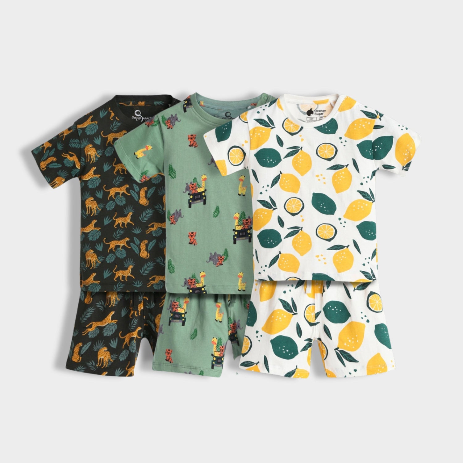 3 Pack T-Shirt & Shorts Unisex Co-ord Set | Cheetah, Jungle, Lemon