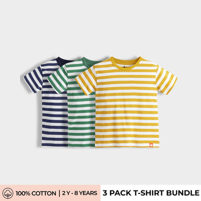 3 Pack Half Sleeves Unisex T-Shirts | Blue Stripes, Green Stripes, Yellow Stripe