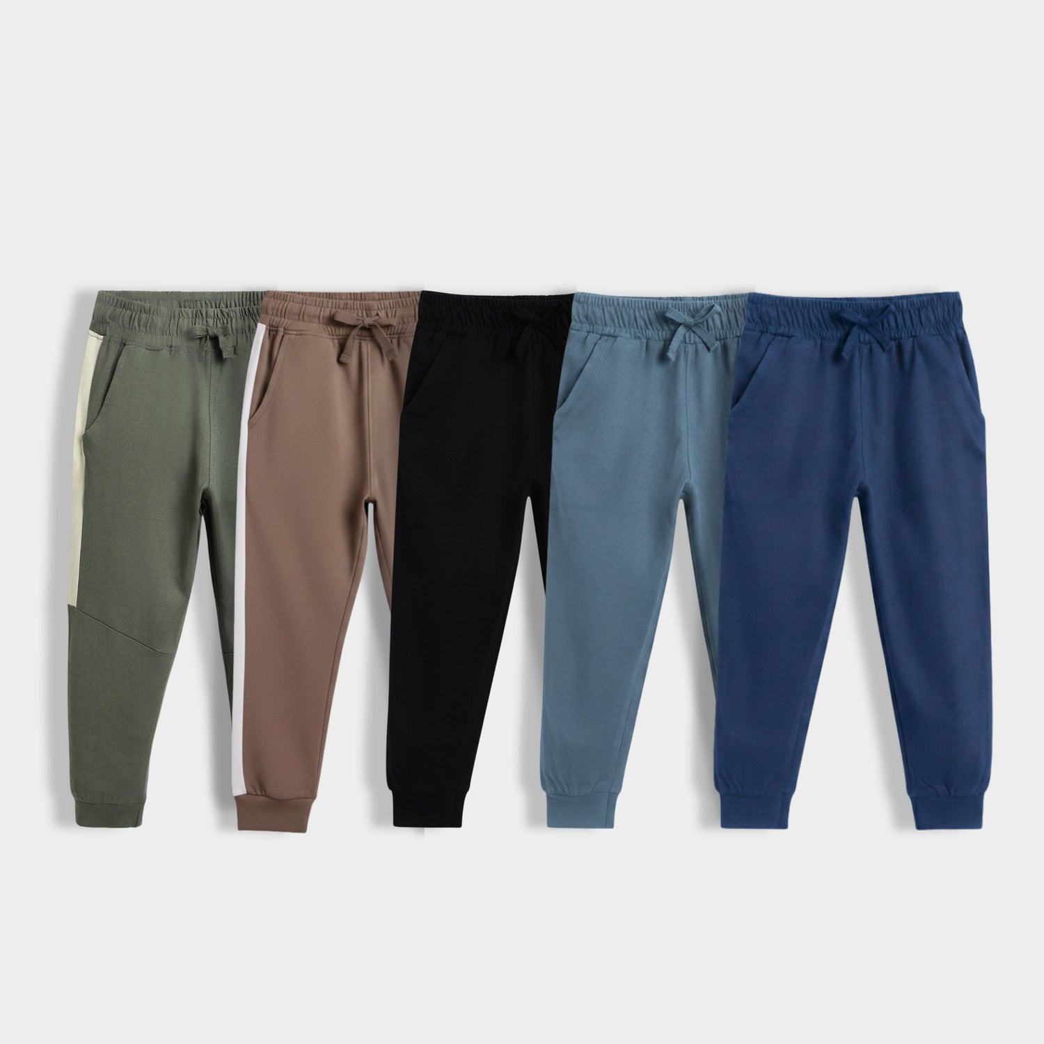 5 Pcs Cotton Joggers | Colour Block Olive, Biscuit Brown, Black, Air Force Blue, Royal Blue