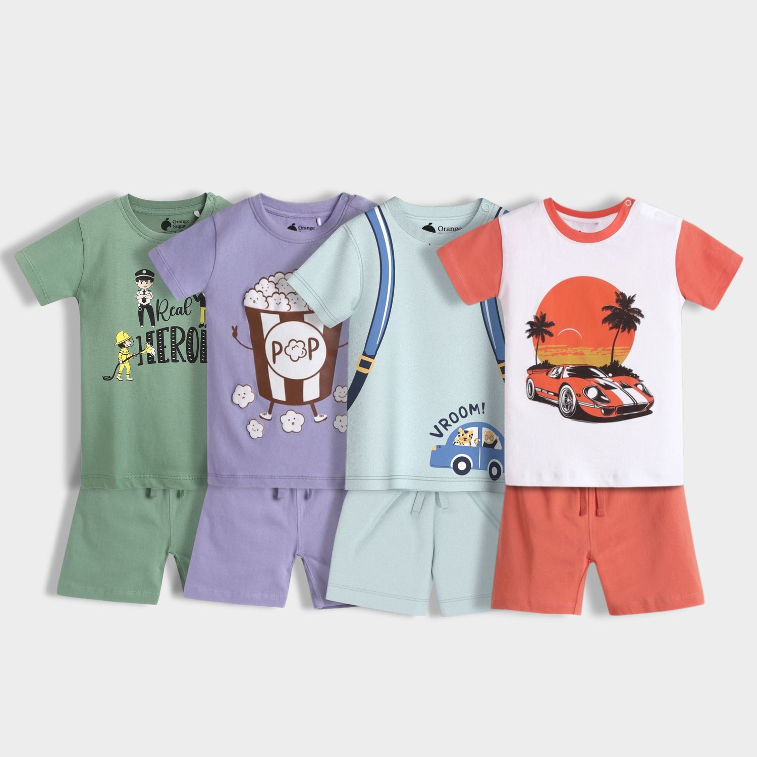 4 Pack T-Shirt & Shorts Unisex Co-ord Set | Real Heroes, Popcorn, Back Pack, Car Ride