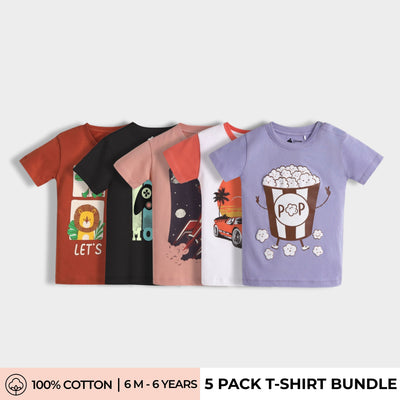 5 Pack Half Sleeves T-Shirt | Zoo, Game Mode, Rocket, Popcorn, Car Ride