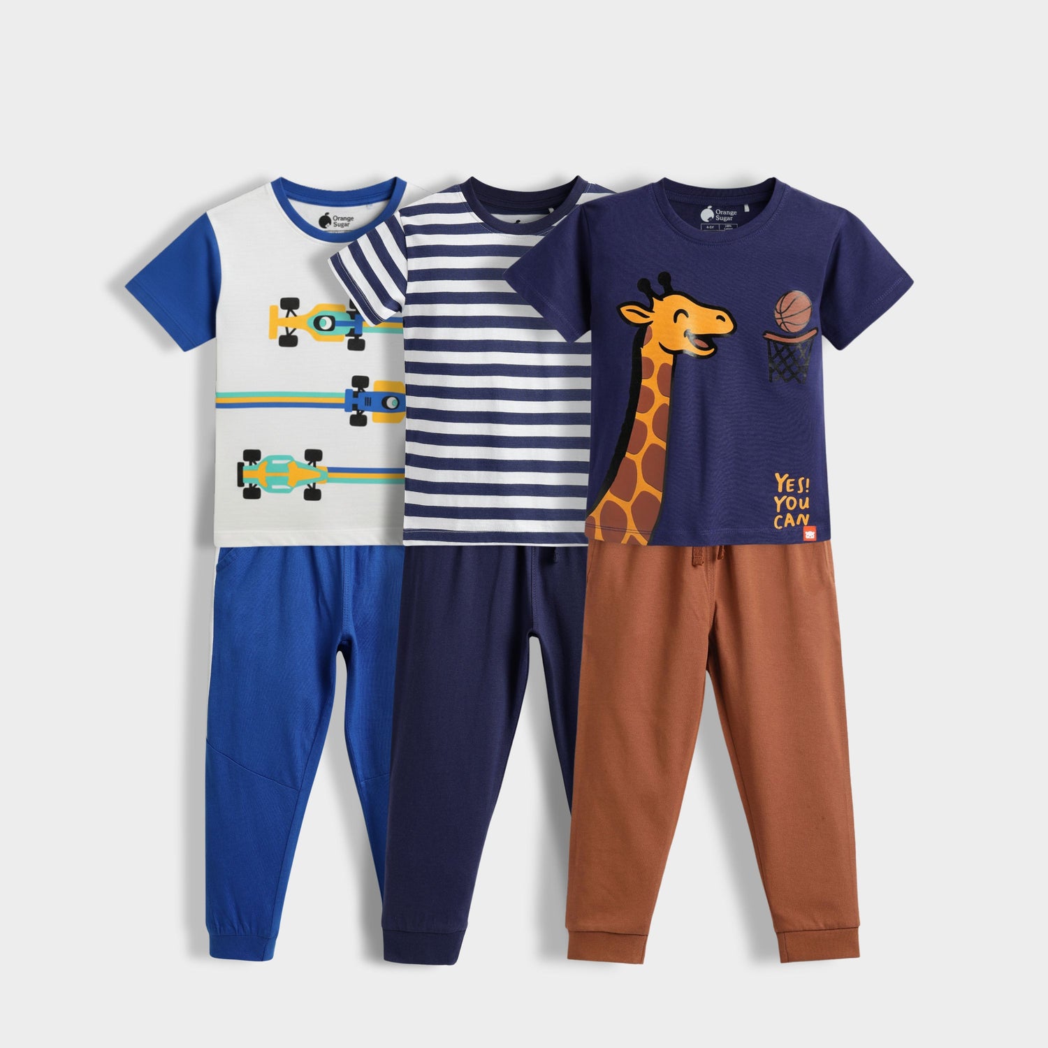 3 Pack Half Sleeves Unisex T-Shirt & Joggers Set | Formula Racing, Blue Stripes, Sporty Giraffe