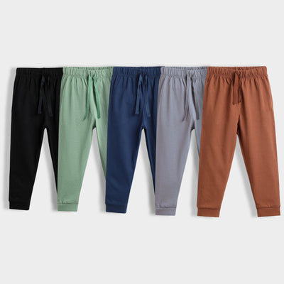 5 Pcs Cotton Joggers | Blue, Black, Grey, Brown, Green