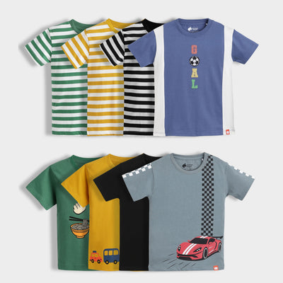 8 Pack Half Sleeves Unisex T-Shirts | Green Stripes, Yellow Stripes, Black Stripes, Goal Time, Korea Love, Road Trip, Black, Race Day