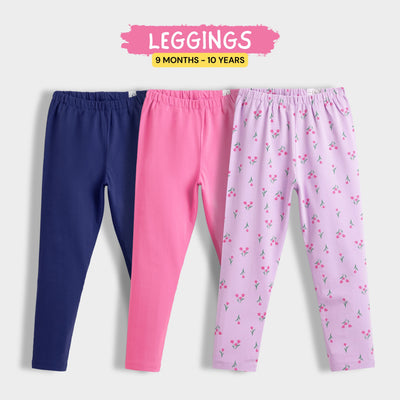 3 Pcs Leggings | Royal Blue, Pink, Light Lavender Tulips